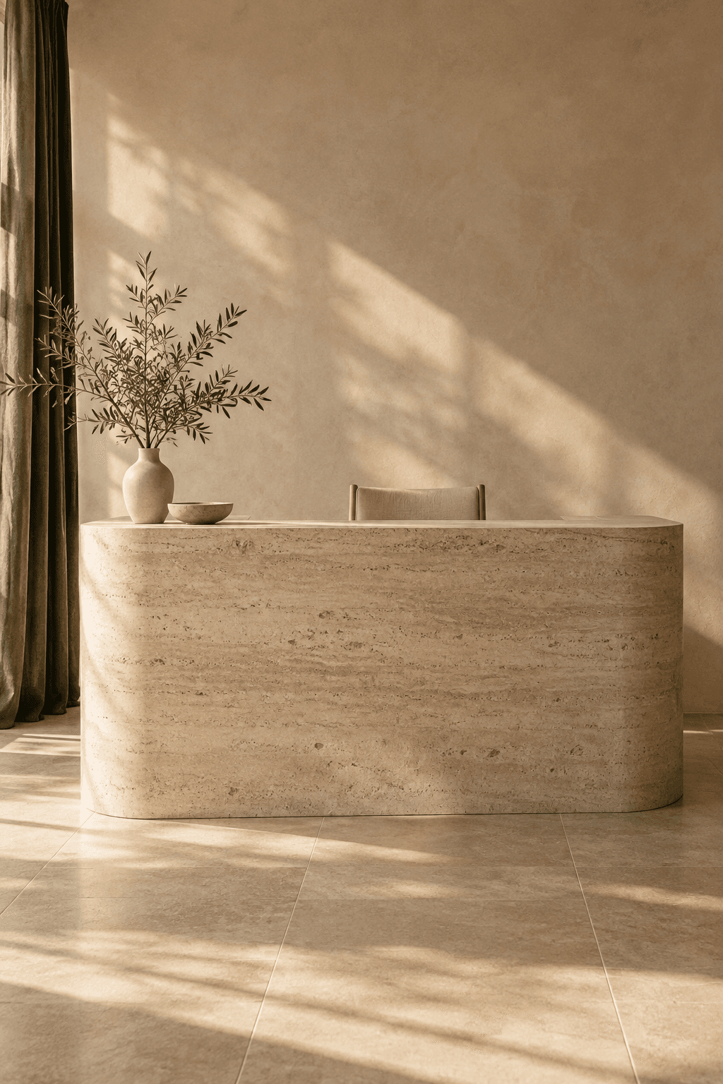 Mostrador de travertino en la recepción, con luz natural